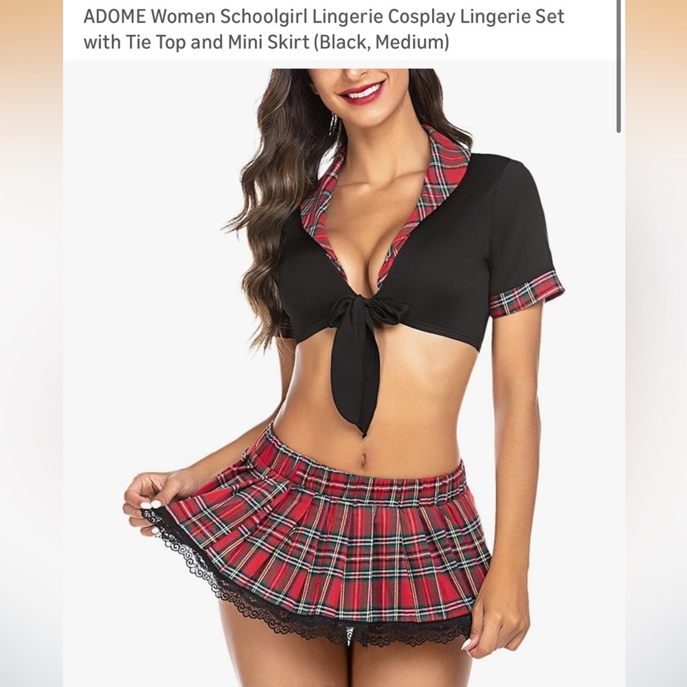 ADOME Women's Schoolgirl Plaid Lingerie Set - Black and Red